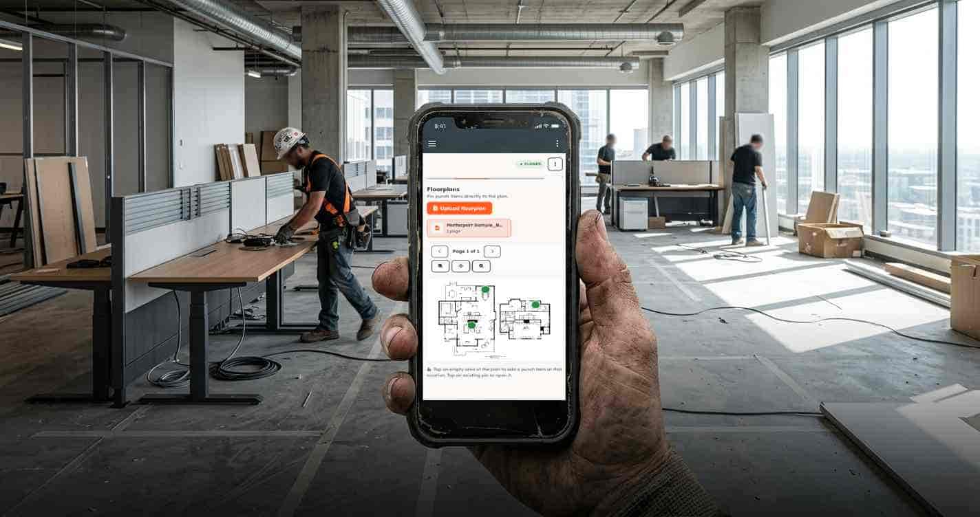 Cleat punch-list and closeout app shown on a phone alongside a marked-up office floorplan